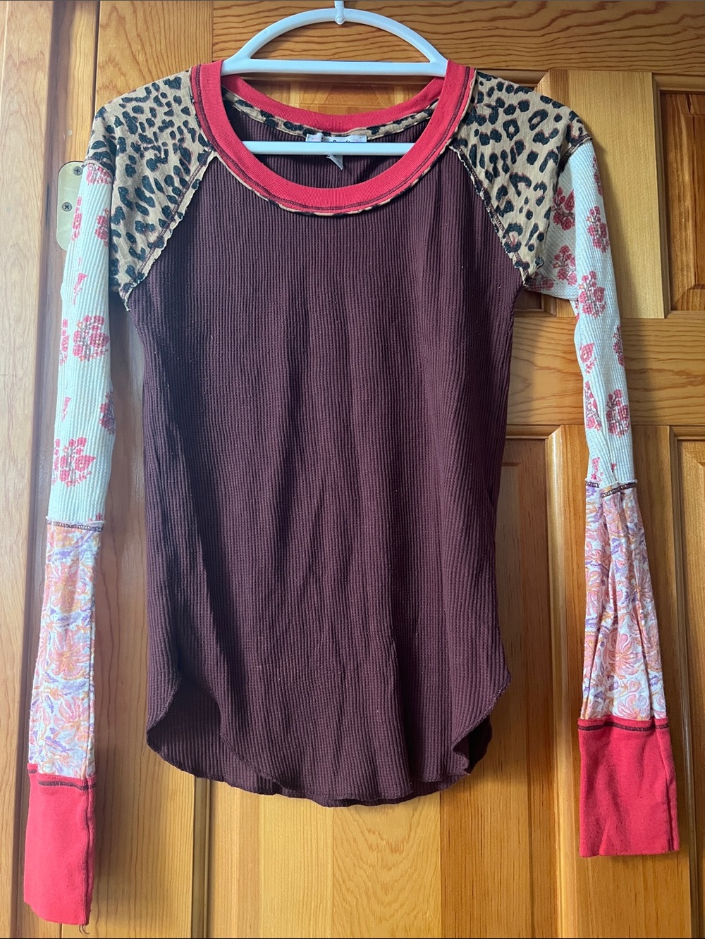 Free People Mixed-Print Ribbed Long Sleeve Top